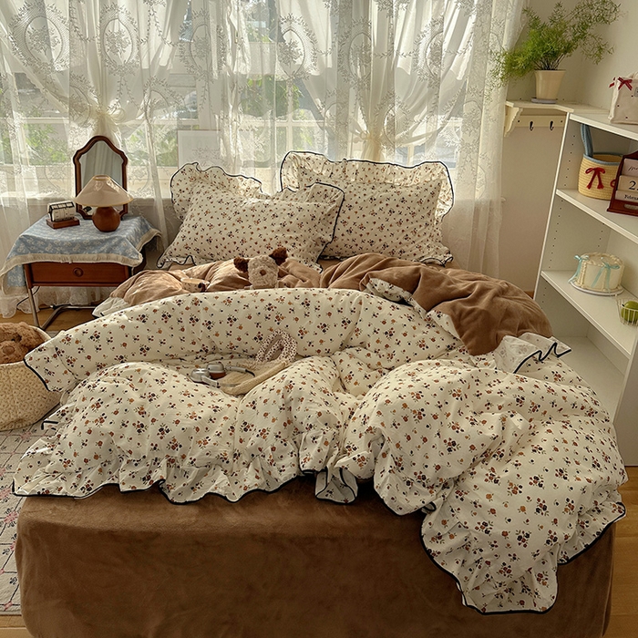 桃子家居 2025新款A类纯棉数码印花法式碎花棉加绒韩版花边碎花加厚牛奶绒四件套 棉加绒-花边繁花似锦
