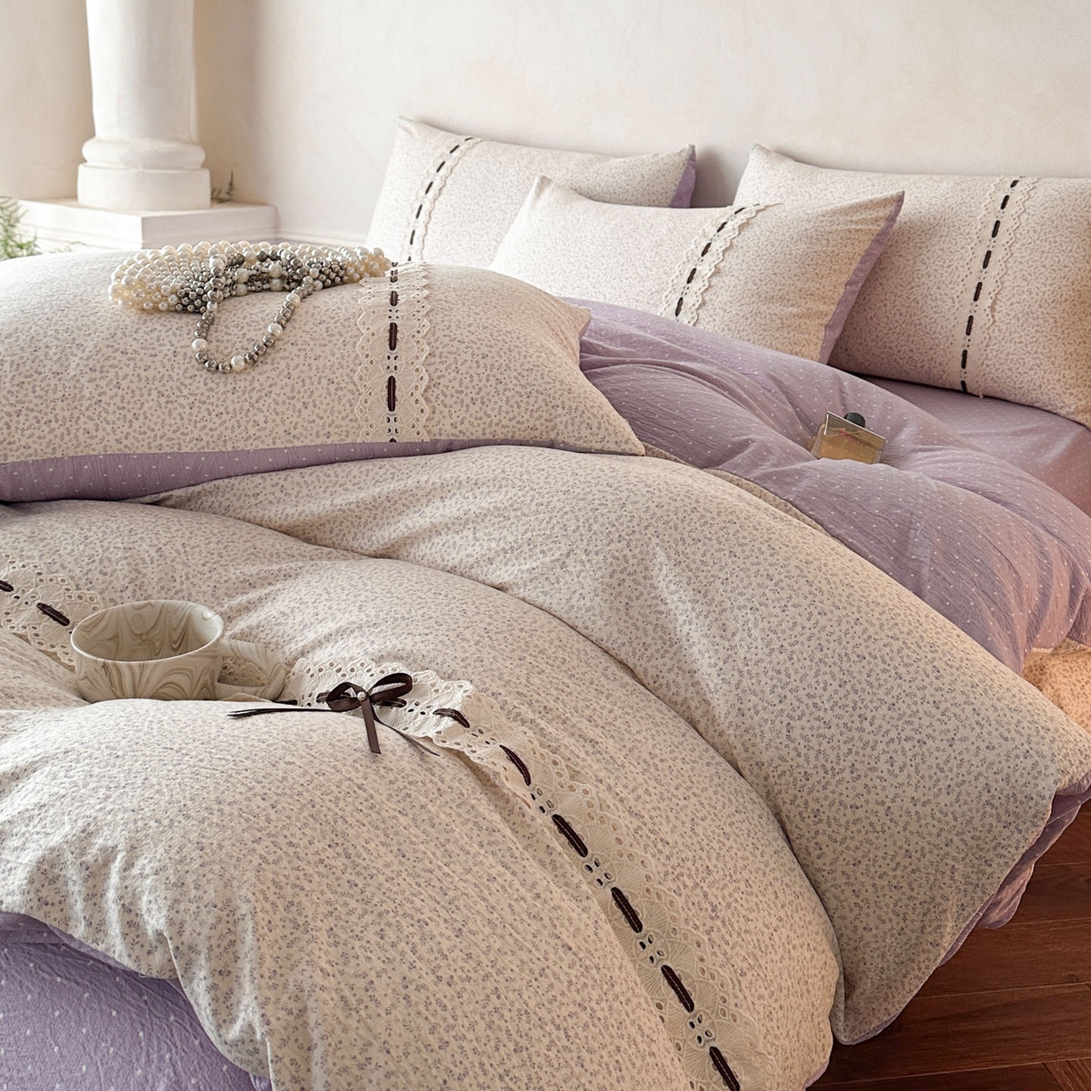 91家纺网 家纺一手货源 找家纺 遇见家居生活馆 2025新款亚麻双层纱四件套-叶知秋（小号108 标准128，加大138） 叶知秋-紫色