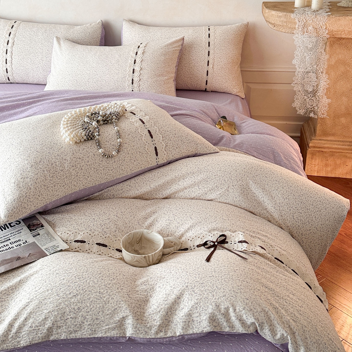 91家纺网 家纺一手货源 找家纺 遇见家居生活馆 2025新款亚麻双层纱四件套-叶知秋（小号108 标准128，加大138） 叶知秋-紫色