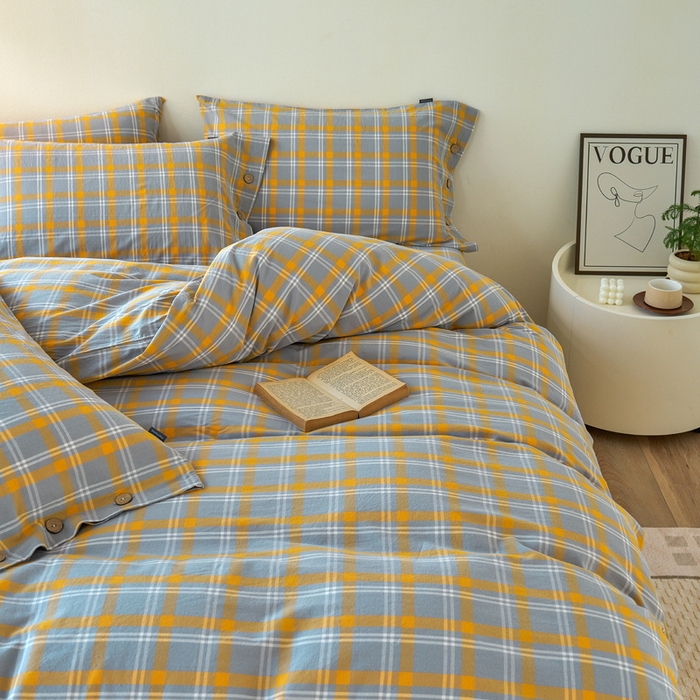 91家纺网 家纺一手货源 找家纺 贝尔 PELLHOME 全棉纽扣色织水洗棉格子四件套（可抖音代发） 泊雅-黄