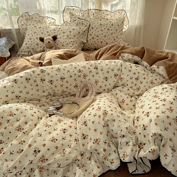 91家纺网 家纺一手货源 找家纺 桃子家居 2025新款A类纯棉数码印花法式碎花棉加绒韩版花边碎花加厚牛奶绒四件套 棉加绒-花边繁花似锦