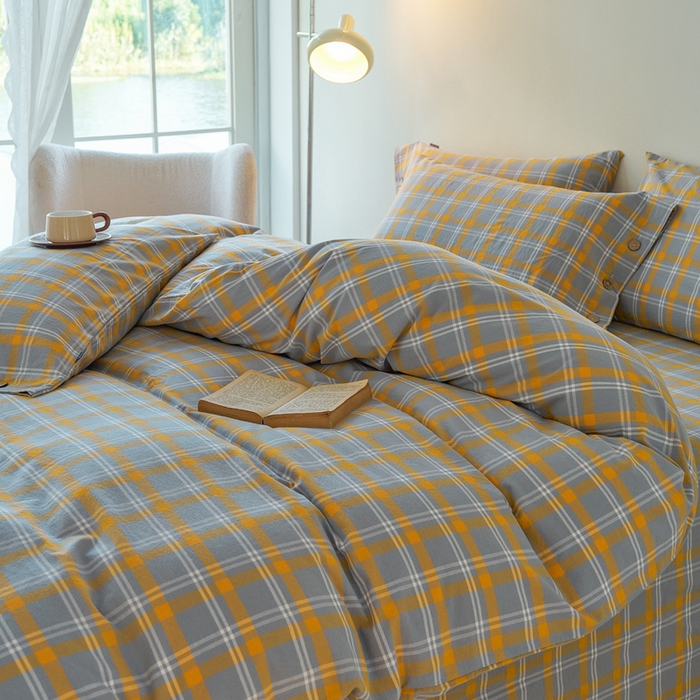 91家纺网 家纺一手货源 找家纺 贝尔 PELLHOME 全棉纽扣色织水洗棉格子四件套（可抖音代发） 泊雅-黄
