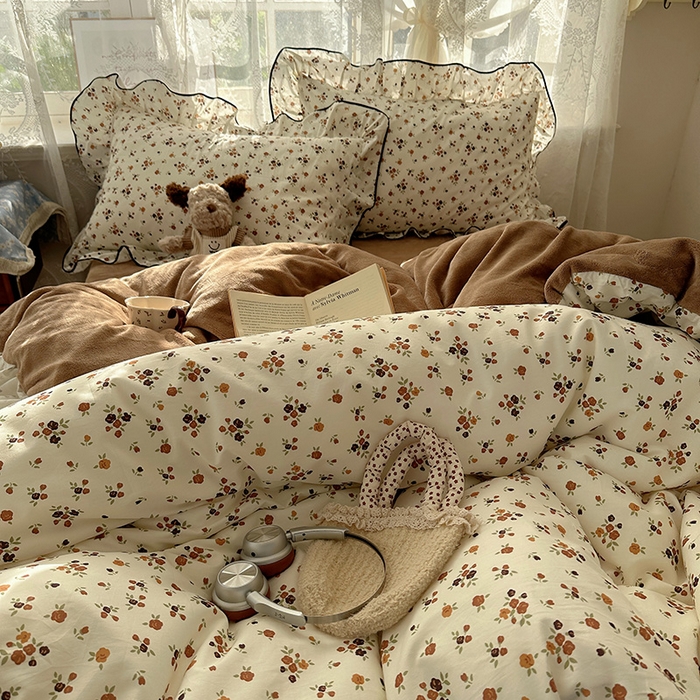 91家纺网 家纺一手货源 找家纺 桃子家居 2025新款A类纯棉数码印花法式碎花棉加绒韩版花边碎花加厚牛奶绒四件套 棉加绒-花边繁花似锦