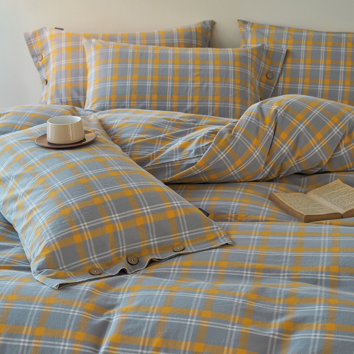 91家纺网 家纺一手货源 找家纺 贝尔 PELLHOME 全棉纽扣色织水洗棉格子四件套（可抖音代发） 泊雅-黄