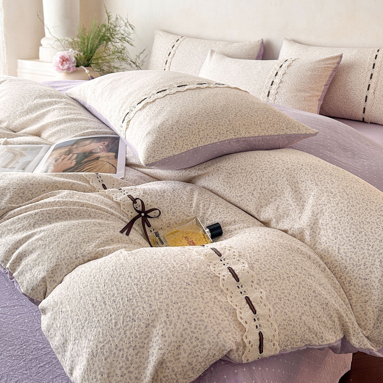 91家纺网 家纺一手货源 找家纺 遇见家居生活馆 2025新款亚麻双层纱四件套-叶知秋（小号108 标准128，加大138） 叶知秋-紫色