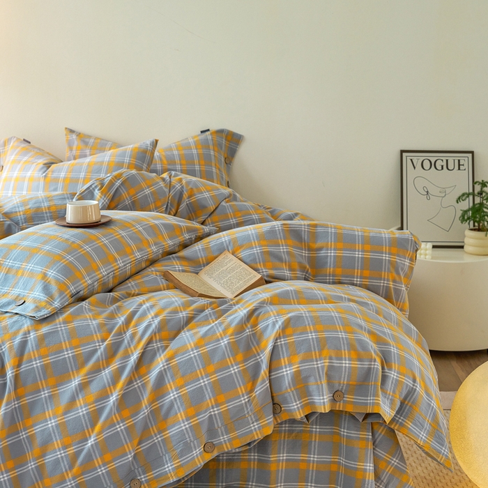 91家纺网 家纺一手货源 找家纺 贝尔 PELLHOME 全棉纽扣色织水洗棉格子四件套（可抖音代发） 泊雅-黄