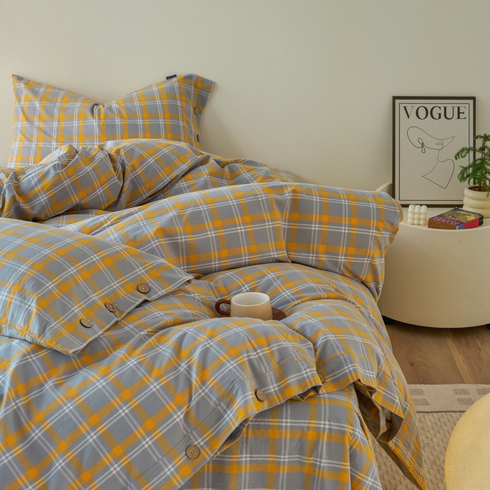 91家纺网 家纺一手货源 找家纺 贝尔 PELLHOME 全棉纽扣色织水洗棉格子四件套（可抖音代发） 泊雅-黄