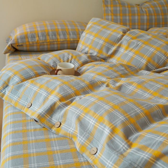 91家纺网 家纺一手货源 找家纺 贝尔 PELLHOME 全棉纽扣色织水洗棉格子四件套（可抖音代发） 泊雅-黄