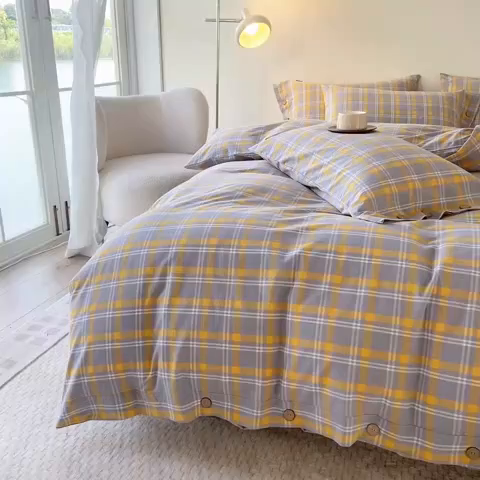 91家纺网 家纺一手货源 找家纺 贝尔 PELLHOME 全棉纽扣色织水洗棉格子四件套（可抖音代发） 泊雅-黄