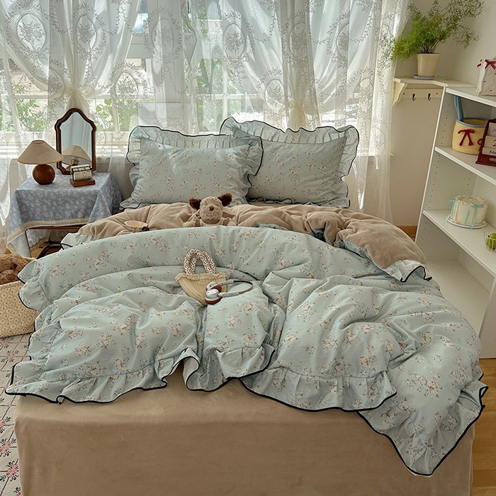 桃子家居 2025新款A类纯棉数码印花法式碎花棉加绒韩版花边碎花加厚牛奶绒四件套 棉加绒-花边芳华