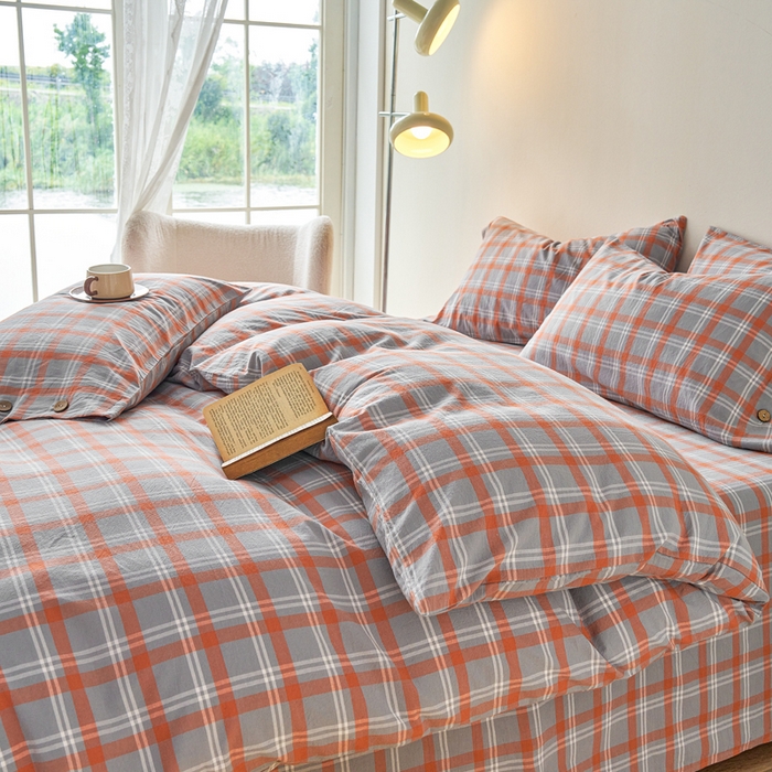 91家纺网 家纺一手货源 找家纺 贝尔 PELLHOME 全棉纽扣色织水洗棉格子四件套（可抖音代发） 泊雅-桔