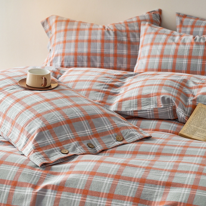 91家纺网 家纺一手货源 找家纺 贝尔 PELLHOME 全棉纽扣色织水洗棉格子四件套（可抖音代发） 泊雅-桔