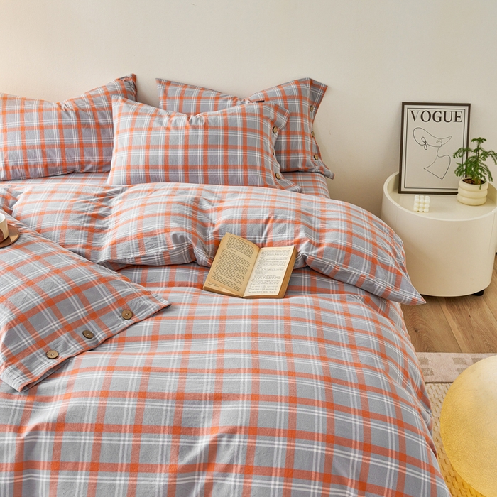 91家纺网 家纺一手货源 找家纺 贝尔 PELLHOME 全棉纽扣色织水洗棉格子四件套（可抖音代发） 泊雅-桔