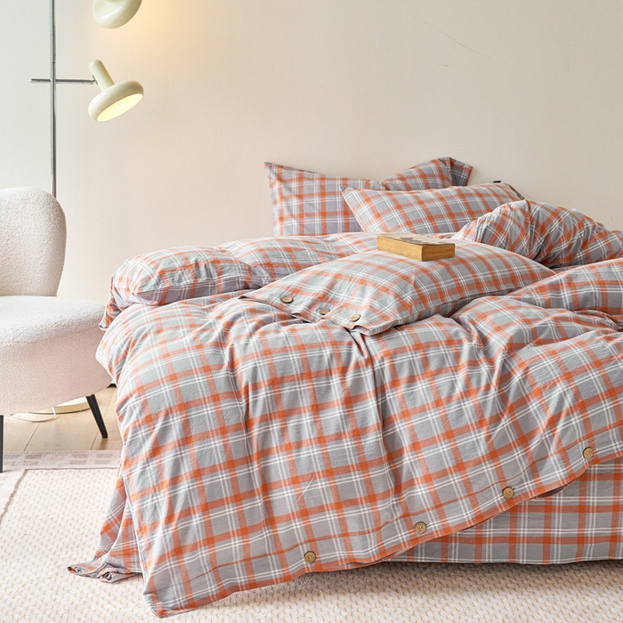 91家纺网 家纺一手货源 找家纺 贝尔 PELLHOME 全棉纽扣色织水洗棉格子四件套（可抖音代发） 泊雅-桔