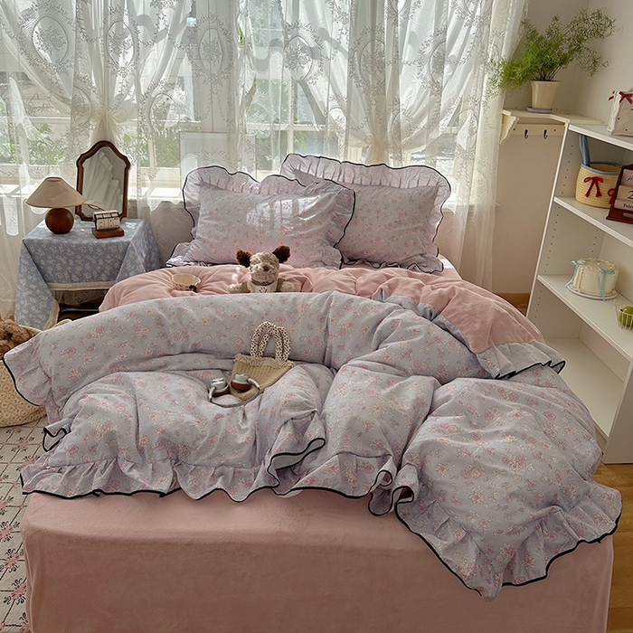 桃子家居 2025新款A类纯棉数码印花法式碎花棉加绒韩版花边碎花加厚牛奶绒四件套 棉加绒-花边粉诺
