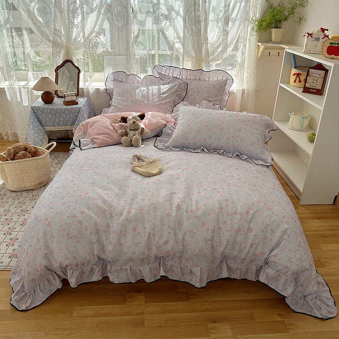 91家纺网 家纺一手货源 找家纺 桃子家居 2025新款A类纯棉数码印花法式碎花棉加绒韩版花边碎花加厚牛奶绒四件套 棉加绒-花边粉诺