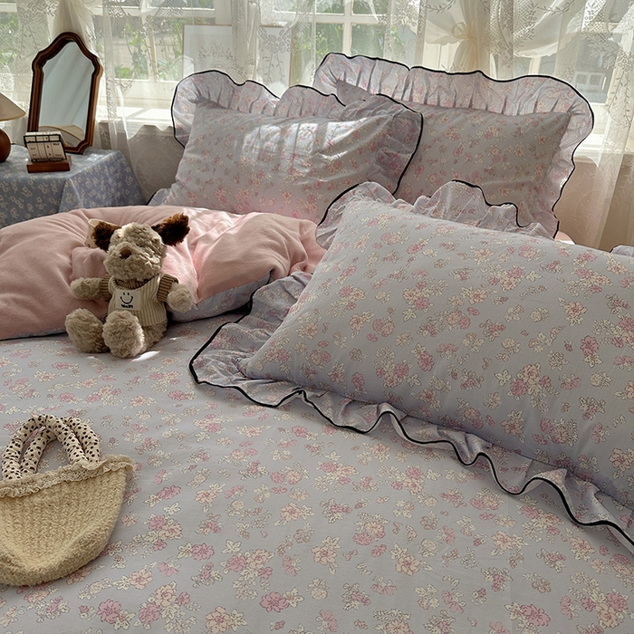 91家纺网 家纺一手货源 找家纺 桃子家居 2025新款A类纯棉数码印花法式碎花棉加绒韩版花边碎花加厚牛奶绒四件套 棉加绒-花边粉诺