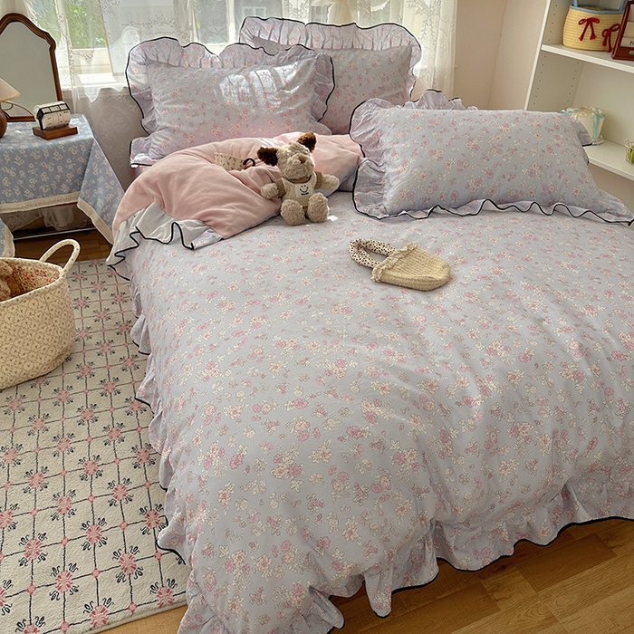 91家纺网 家纺一手货源 找家纺 桃子家居 2025新款A类纯棉数码印花法式碎花棉加绒韩版花边碎花加厚牛奶绒四件套 棉加绒-花边粉诺