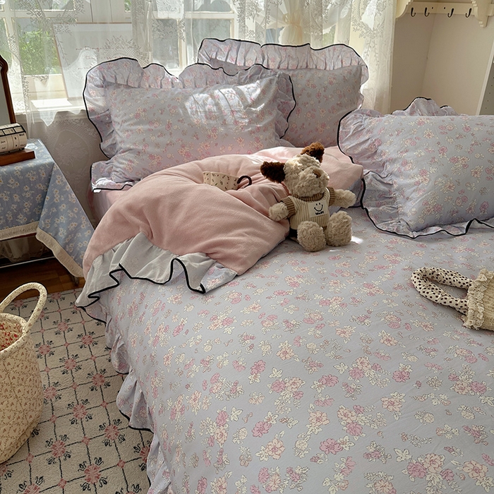 91家纺网 家纺一手货源 找家纺 桃子家居 2025新款A类纯棉数码印花法式碎花棉加绒韩版花边碎花加厚牛奶绒四件套 棉加绒-花边粉诺