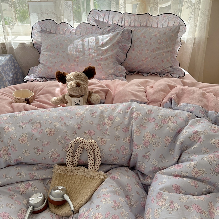 91家纺网 家纺一手货源 找家纺 桃子家居 2025新款A类纯棉数码印花法式碎花棉加绒韩版花边碎花加厚牛奶绒四件套 棉加绒-花边粉诺