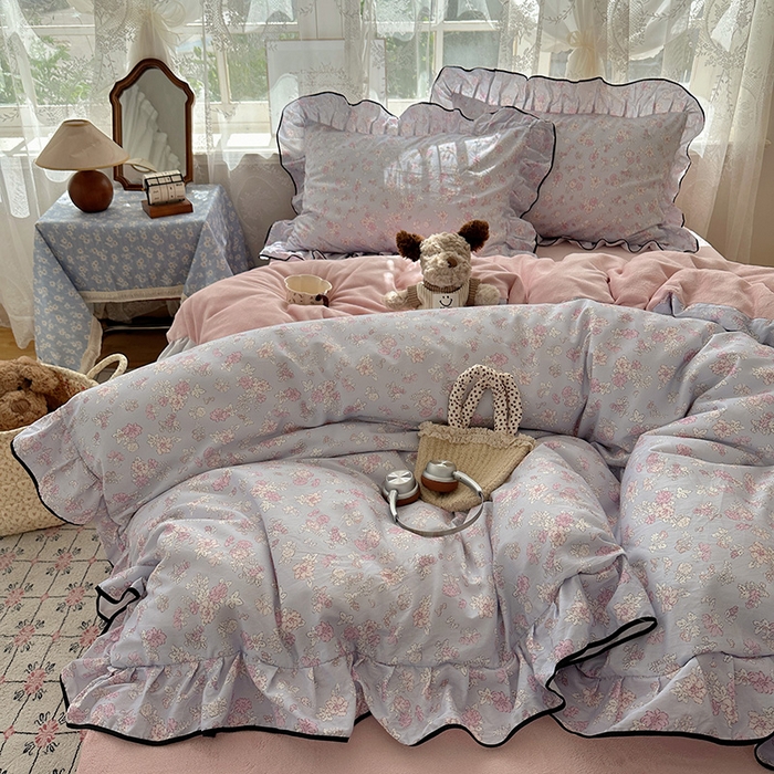 91家纺网 家纺一手货源 找家纺 桃子家居 2025新款A类纯棉数码印花法式碎花棉加绒韩版花边碎花加厚牛奶绒四件套 棉加绒-花边粉诺