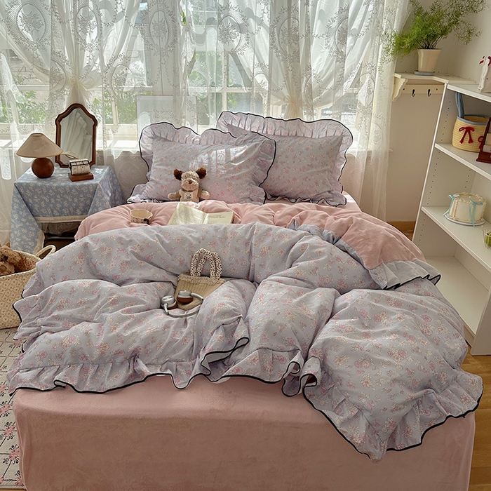 91家纺网 家纺一手货源 找家纺 桃子家居 2025新款A类纯棉数码印花法式碎花棉加绒韩版花边碎花加厚牛奶绒四件套 棉加绒-花边粉诺