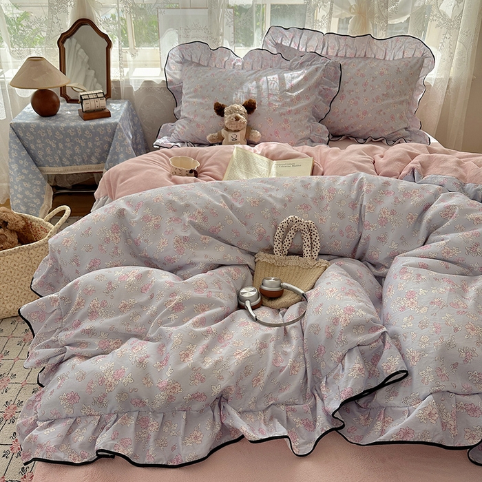 91家纺网 家纺一手货源 找家纺 桃子家居 2025新款A类纯棉数码印花法式碎花棉加绒韩版花边碎花加厚牛奶绒四件套 棉加绒-花边粉诺