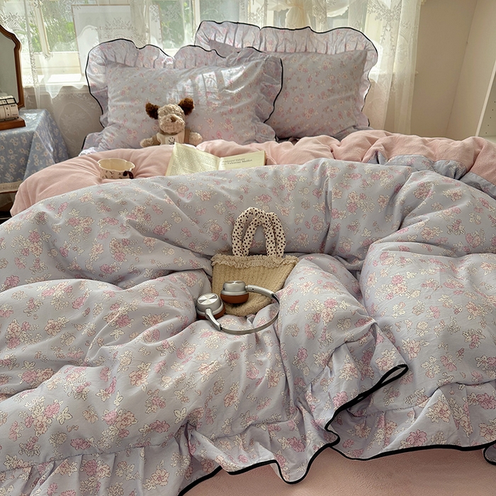 91家纺网 家纺一手货源 找家纺 桃子家居 2025新款A类纯棉数码印花法式碎花棉加绒韩版花边碎花加厚牛奶绒四件套 棉加绒-花边粉诺