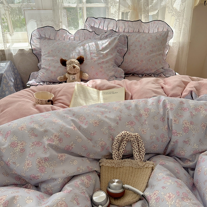 91家纺网 家纺一手货源 找家纺 桃子家居 2025新款A类纯棉数码印花法式碎花棉加绒韩版花边碎花加厚牛奶绒四件套 棉加绒-花边粉诺