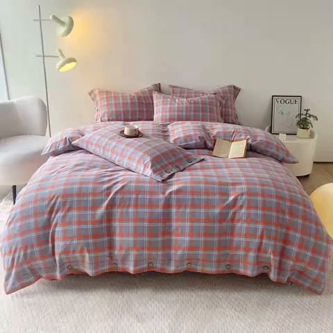 91家纺网 家纺一手货源 找家纺 贝尔 PELLHOME 全棉纽扣色织水洗棉格子四件套（可抖音代发） 泊雅-桔