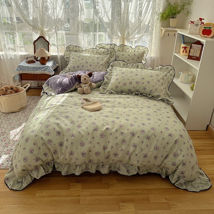 91家纺网 家纺一手货源 找家纺 桃子家居 2025新款A类纯棉数码印花法式碎花棉加绒韩版花边碎花加厚牛奶绒四件套 棉加绒-花边浮影