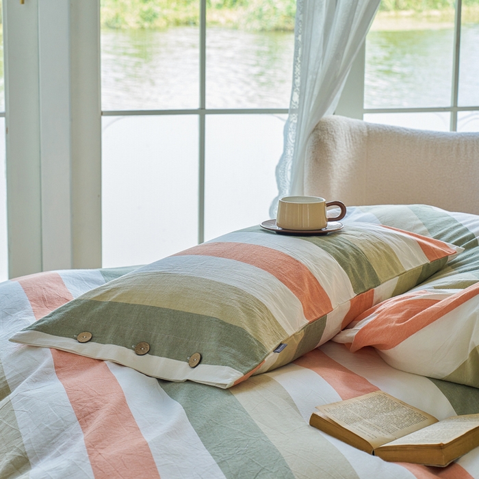 91家纺网 家纺一手货源 找家纺 贝尔 PELLHOME 全棉纽扣色织水洗棉格子四件套（可抖音代发） 蔬果条