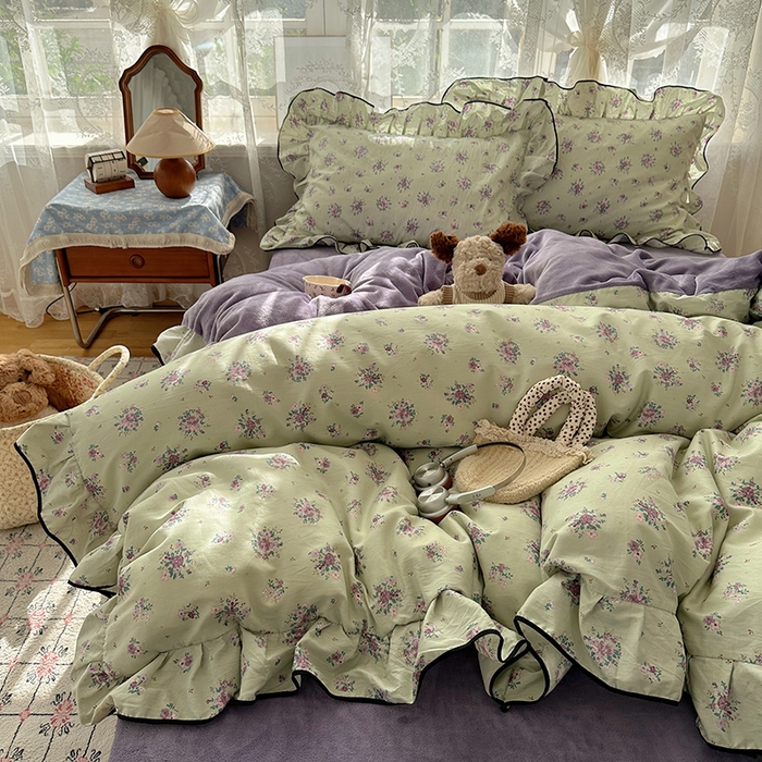 91家纺网 家纺一手货源 找家纺 桃子家居 2025新款A类纯棉数码印花法式碎花棉加绒韩版花边碎花加厚牛奶绒四件套 棉加绒-花边浮影