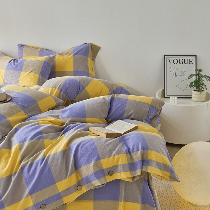 91家纺网 家纺一手货源 找家纺 贝尔 PELLHOME 全棉纽扣色织水洗棉格子四件套（可抖音代发） 紫咖大格