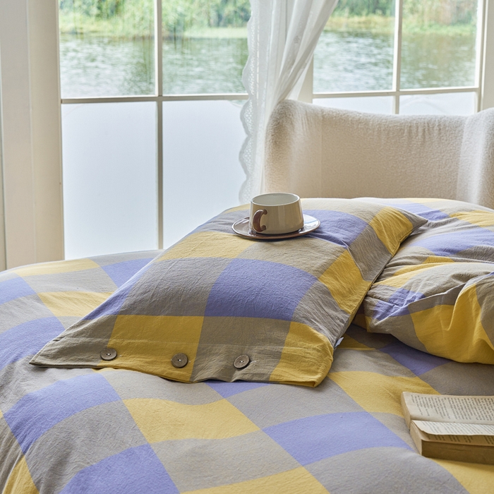 91家纺网 家纺一手货源 找家纺 贝尔 PELLHOME 全棉纽扣色织水洗棉格子四件套（可抖音代发） 紫咖大格