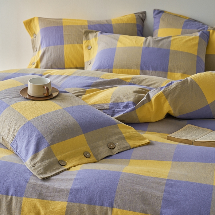 91家纺网 家纺一手货源 找家纺 贝尔 PELLHOME 全棉纽扣色织水洗棉格子四件套（可抖音代发） 紫咖大格