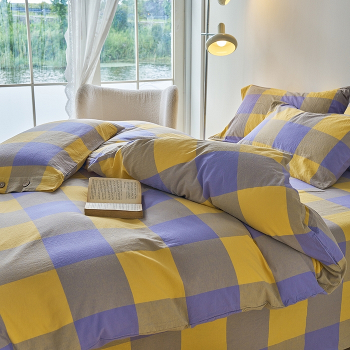 91家纺网 家纺一手货源 找家纺 贝尔 PELLHOME 全棉纽扣色织水洗棉格子四件套（可抖音代发） 紫咖大格