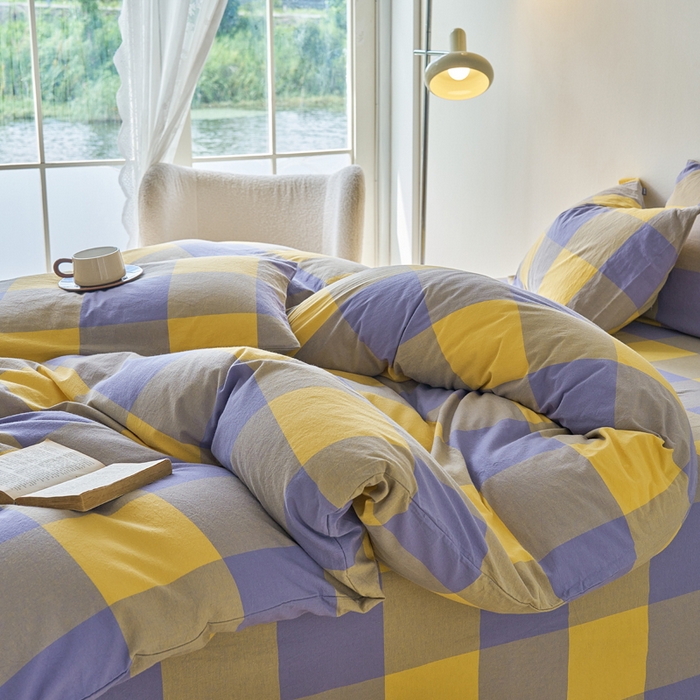 91家纺网 家纺一手货源 找家纺 贝尔 PELLHOME 全棉纽扣色织水洗棉格子四件套（可抖音代发） 紫咖大格