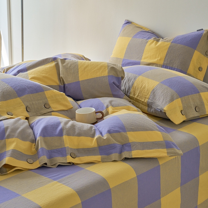 91家纺网 家纺一手货源 找家纺 贝尔 PELLHOME 全棉纽扣色织水洗棉格子四件套（可抖音代发） 紫咖大格