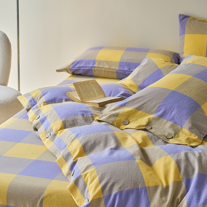 91家纺网 家纺一手货源 找家纺 贝尔 PELLHOME 全棉纽扣色织水洗棉格子四件套（可抖音代发） 紫咖大格