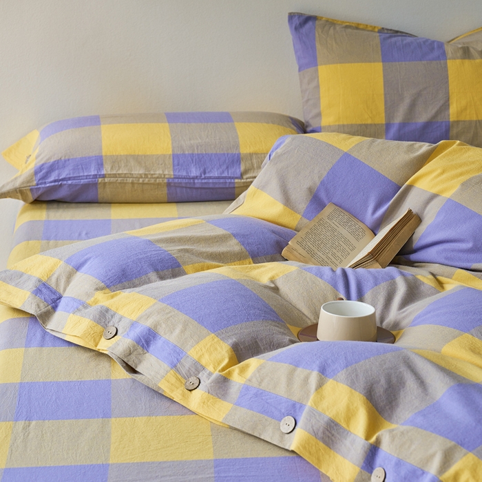 91家纺网 家纺一手货源 找家纺 贝尔 PELLHOME 全棉纽扣色织水洗棉格子四件套（可抖音代发） 紫咖大格