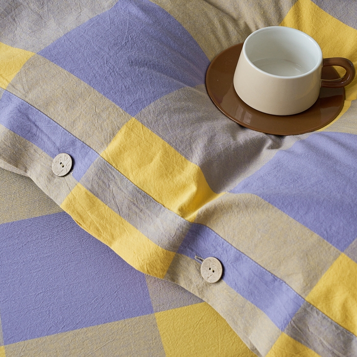 91家纺网 家纺一手货源 找家纺 贝尔 PELLHOME 全棉纽扣色织水洗棉格子四件套（可抖音代发） 紫咖大格