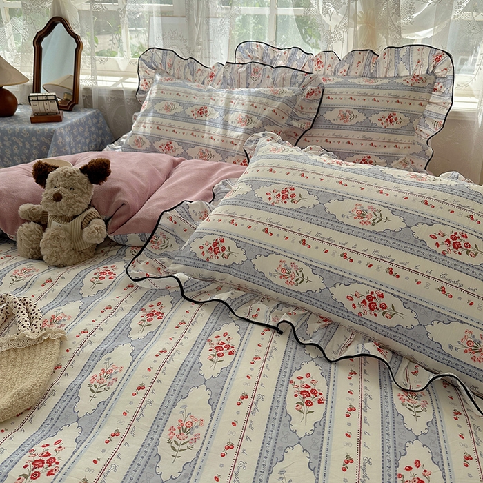 91家纺网 家纺一手货源 找家纺 桃子家居 2025新款A类纯棉数码印花法式碎花棉加绒韩版花边碎花加厚牛奶绒四件套 棉加绒-花边花城秘境