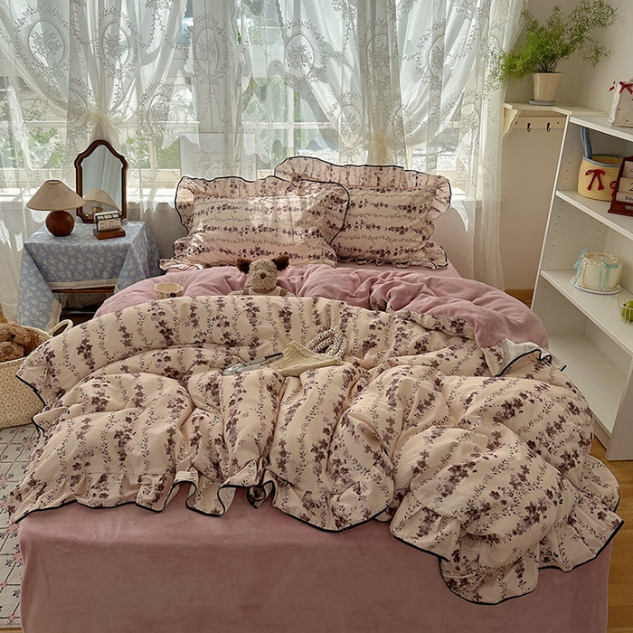 桃子家居 2025新款A类纯棉数码印花法式碎花棉加绒韩版花边碎花加厚牛奶绒四件套 棉加绒-花边兰亭序