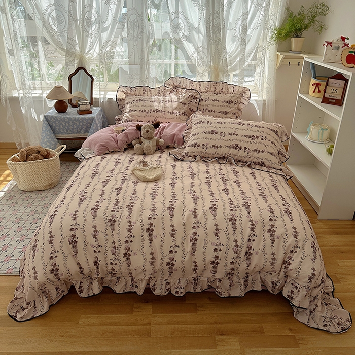 91家纺网 家纺一手货源 找家纺 桃子家居 2025新款A类纯棉数码印花法式碎花棉加绒韩版花边碎花加厚牛奶绒四件套 棉加绒-花边兰亭序