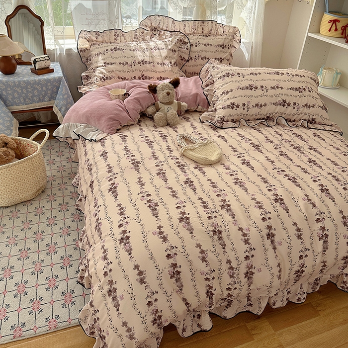 91家纺网 家纺一手货源 找家纺 桃子家居 2025新款A类纯棉数码印花法式碎花棉加绒韩版花边碎花加厚牛奶绒四件套 棉加绒-花边兰亭序