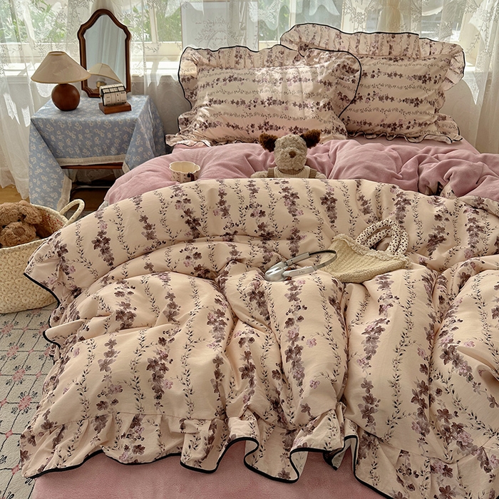 91家纺网 家纺一手货源 找家纺 桃子家居 2025新款A类纯棉数码印花法式碎花棉加绒韩版花边碎花加厚牛奶绒四件套 棉加绒-花边兰亭序