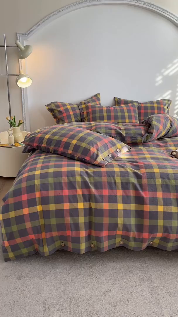 91家纺网 家纺一手货源 找家纺 （总）贝尔 PELLHOME 全棉色织水洗棉纽扣款四件套-美拉德系列（可抖音代发）