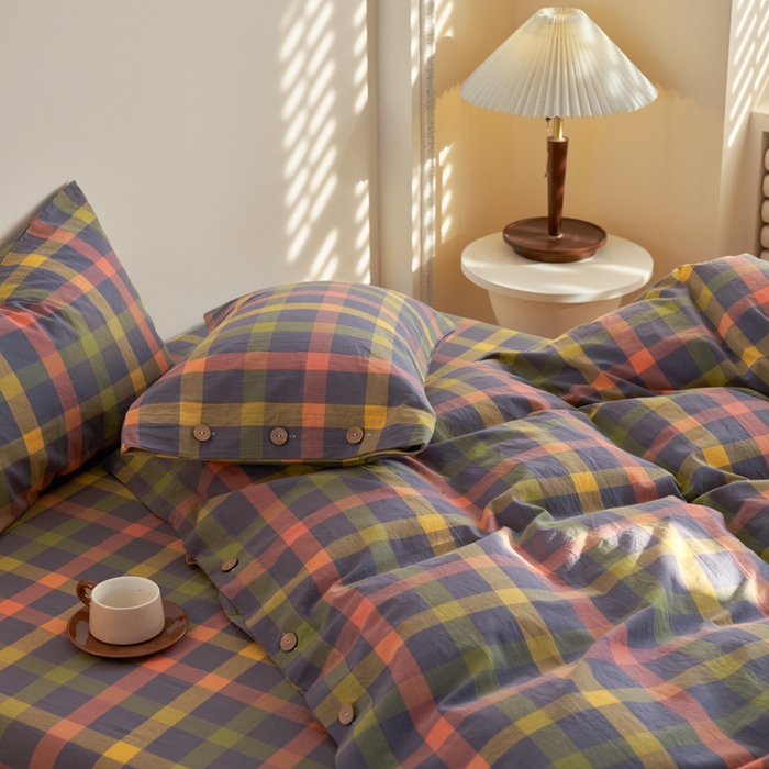 91家纺网 家纺一手货源 找家纺 （总）贝尔 PELLHOME 全棉色织水洗棉纽扣款四件套-美拉德系列（可抖音代发）