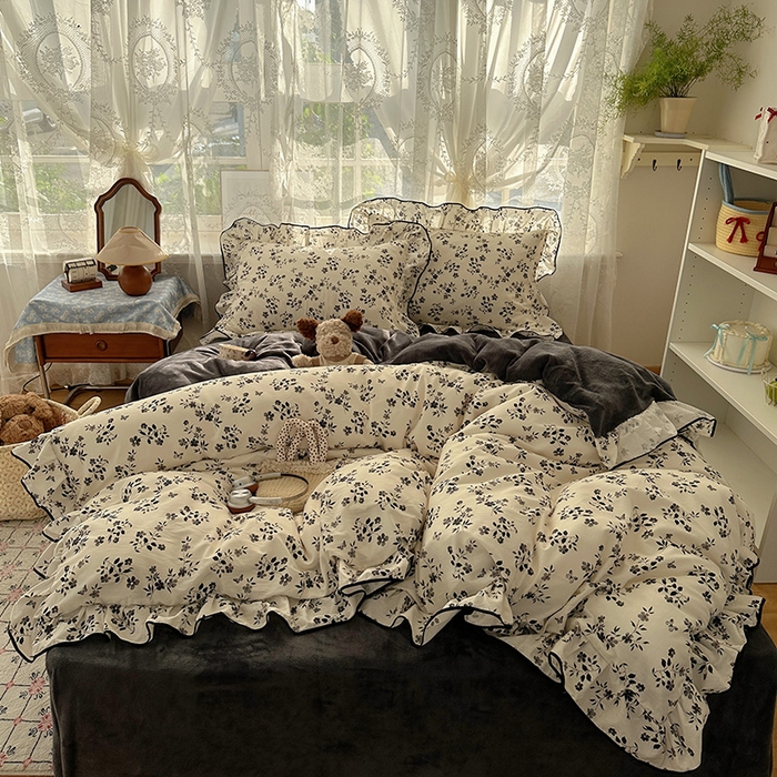 桃子家居 2025新款A类纯棉数码印花法式碎花棉加绒韩版花边碎花加厚牛奶绒四件套 棉加绒-花边楼兰梦